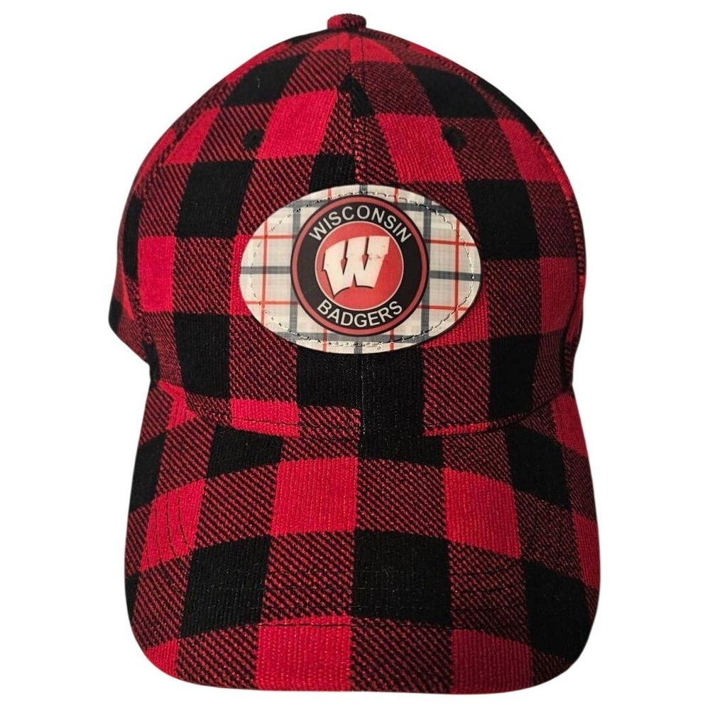 NCAA Wisconsin Badgers Red Black Buffalo Plaid Baseball Cap Hat Adjustable OSFM